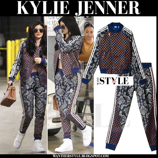 Kylie Jenner in multi print tracksuit and white sneakers in West ...