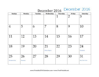 Free Printable Calendar December 2016