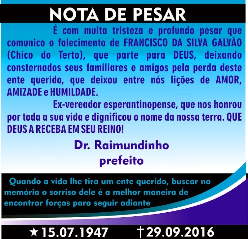 Prefeito Dr Raimundinho publica nota de pesar