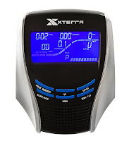 Xterra SB250's console, with 5.5" blue backlit LCD screen. Displays time, speed, distance, calories, pulse, rpm, profile, resistance level. Built-in speaker & audio jack. Media shelf