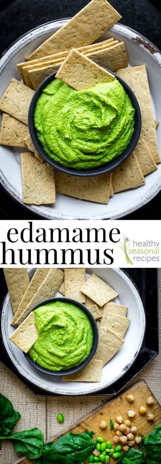 This protein packed edamame hummus is ready in 10 minutes and makes a yummy kid friendly snack! #edamame #hummus #snack #appetizer #healthy #vegan #glutenfree #plantbased #healthyseasonal