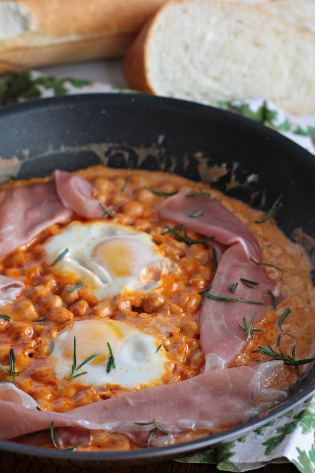 OneSkillet Creamy Chickpeas with Eggs and Prosciutto Apple A Day
