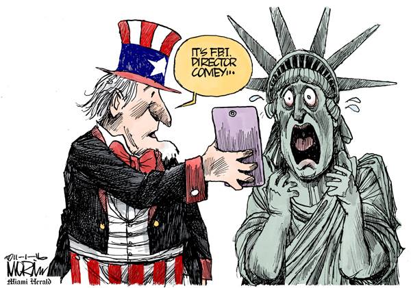 Uncle Sam shows smartphone to Lady Liberty saying, 