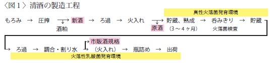 清酒の製造工程 もろみ→圧搾→新酒→ろ過→火入→貯蔵、熟成→呑みきり→貯蔵→ろ過→調合・割り水→瓶詰め→出荷