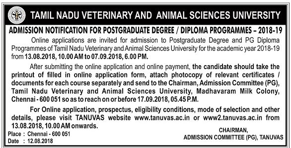 After 10th Std....: Veterinary Science PG Course Admissions 2018 - TN Govt  MVSc Admission 2018 - TANUVAS PG Degree Course Admissions Notification 2018