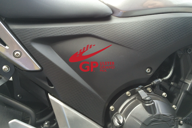 GP Ulster Grand Prix logo photo mock up on the side of a motorbike.