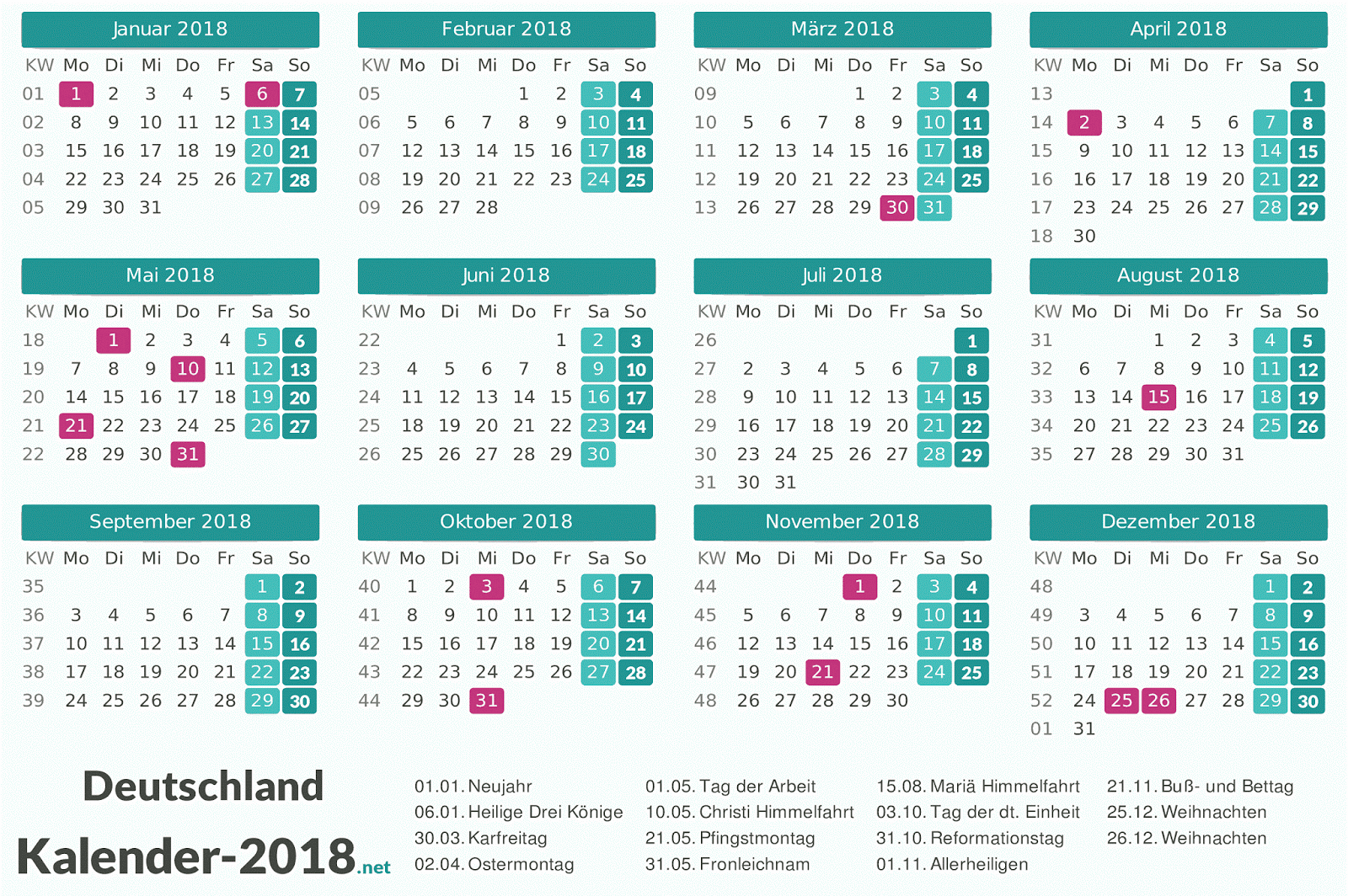 Kalender 2018 Mit Feiertagen Online | Design Corel