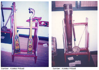 Gambar kiri: alat musik Sampe Kalimantan Tengah dan gambar kanan alat musik tifa Maluku & Papua