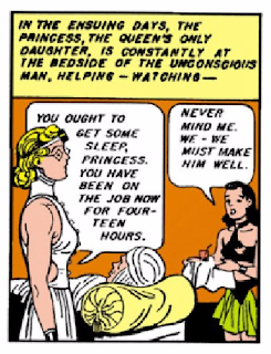 All-Star Comics (1940) #8 Page 60 Panel 5: Diana is reluctant to leave the side of the comatose Steve Trevor; the nurse suspects Diana is in love.