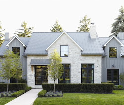 modern farmhouse exterior stone roof metal front landscaping urban colors farm exteriors gray paint grey landscape margaret princess showhome windows
