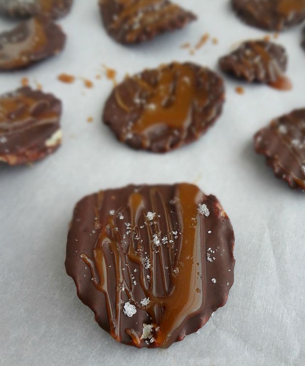 Chocolate Covered Potato Chips with Salted Caramel Drizzle