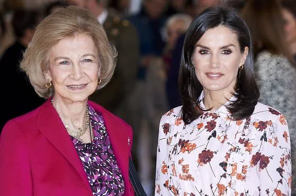 Queen Letizia wore a new floral print midi shirtdress by Hugo Boss at charity market Rastrillo Nuevo Futuro. Queen Sofia