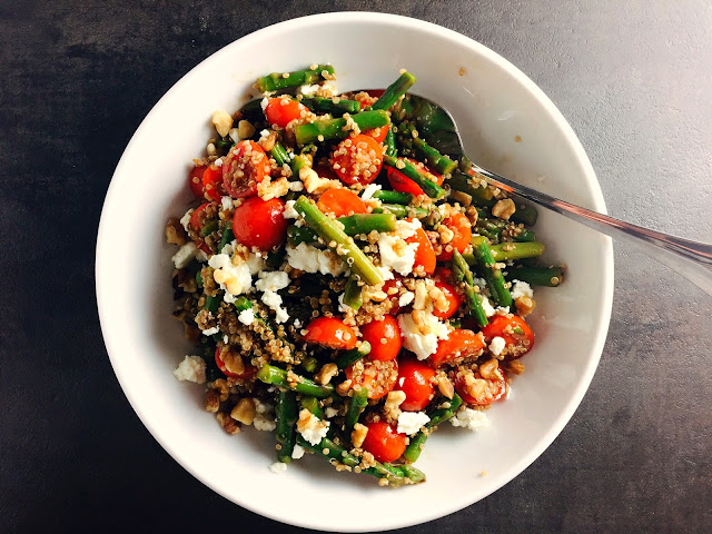 IN-SEASON, FRESH, CRISP vegetables are mixed with quinoa for texture and flavor, then topped with walnuts and feta for another layer of bold flavor.  All of this is drizzled with a reduced balsamic glaze that is TO DIE FOR! Asparagus, Tomato, and Ancient Grain Salad - Slice of Southern