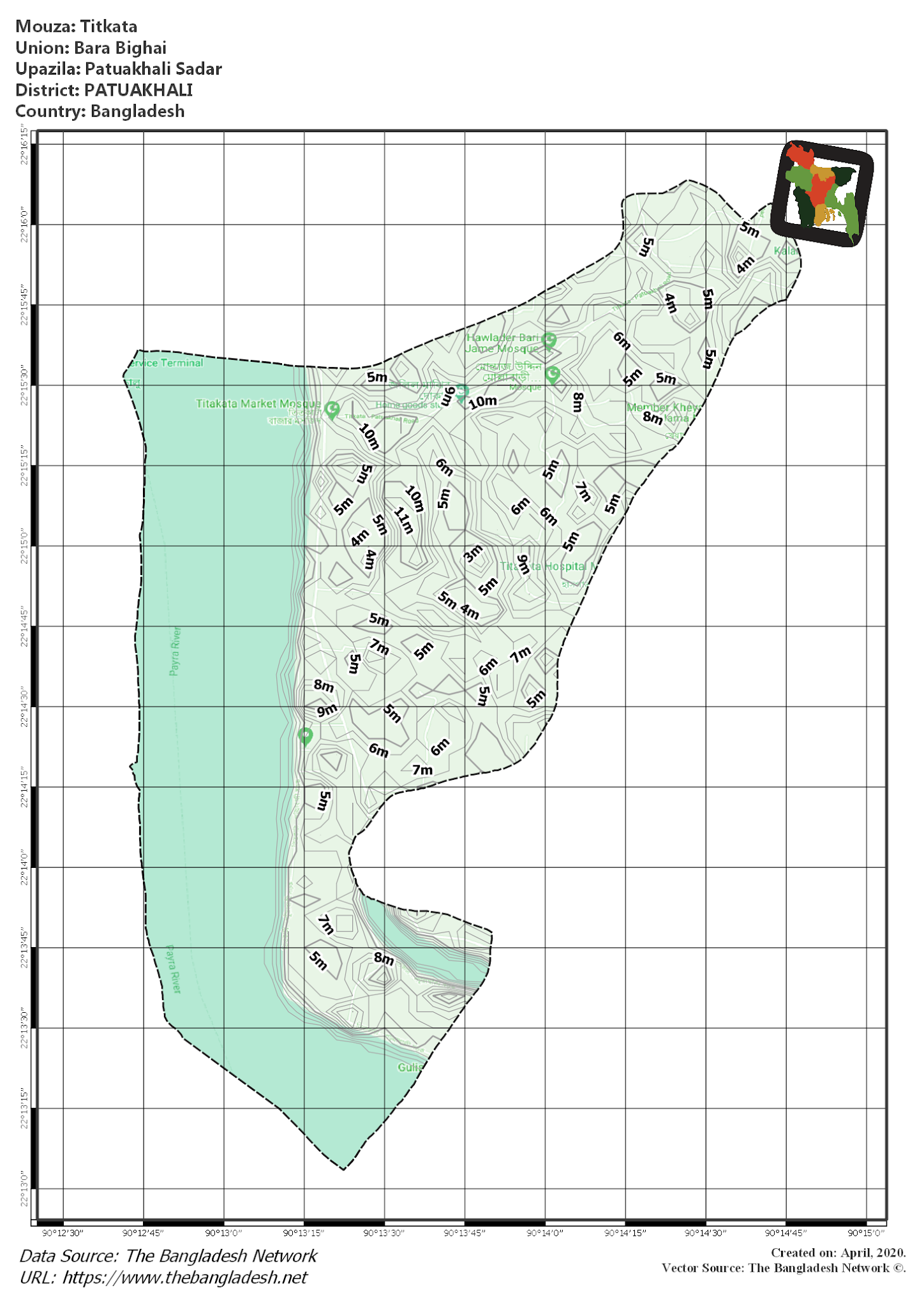 Map of Titkata Mouza of Patuakhali Sadar Upazila, PATUAKHALI, Bangladesh.
