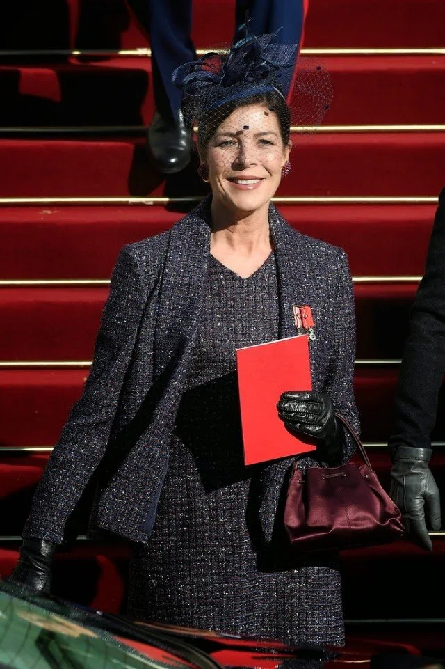  Princess Caroline of Hanover leaves the Cathedral of Monaco during the official ceremonies for the Monaco National Day at Cathedrale Notre-Dame-Immaculee de Monaco