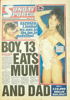 Front page of a vintage Sunday Sport newspaper from March 1988