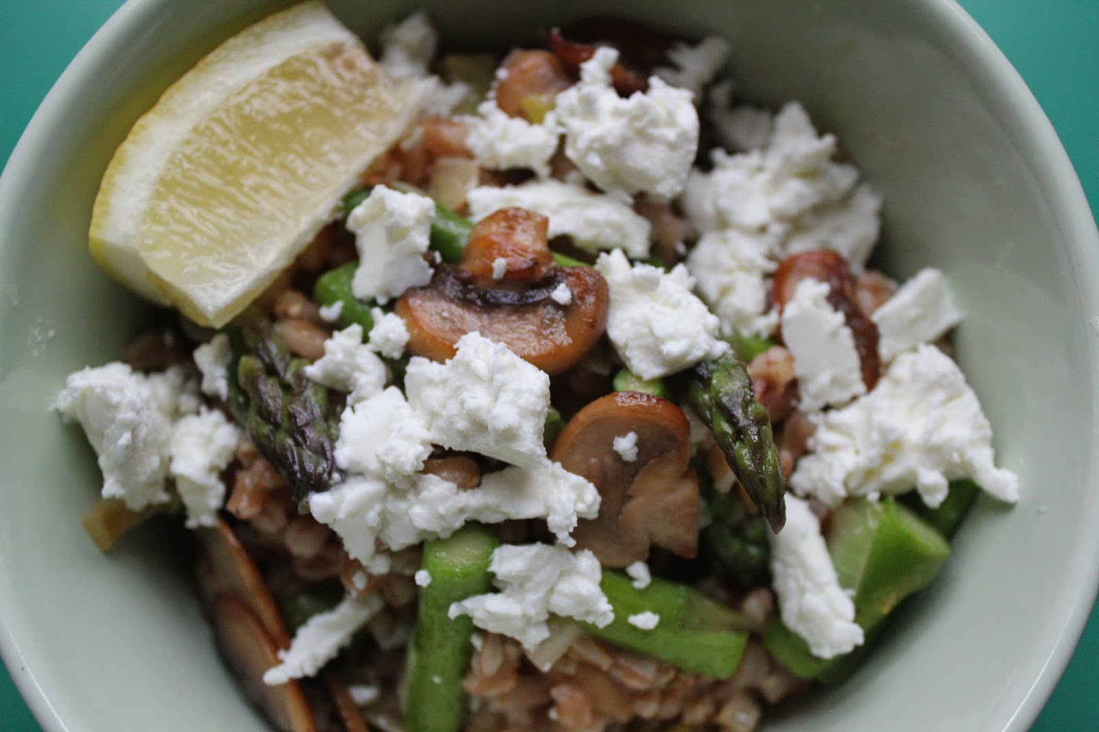 Delicious Dishings Farro "Risotto" With Mushrooms, Asparagus, And Goat