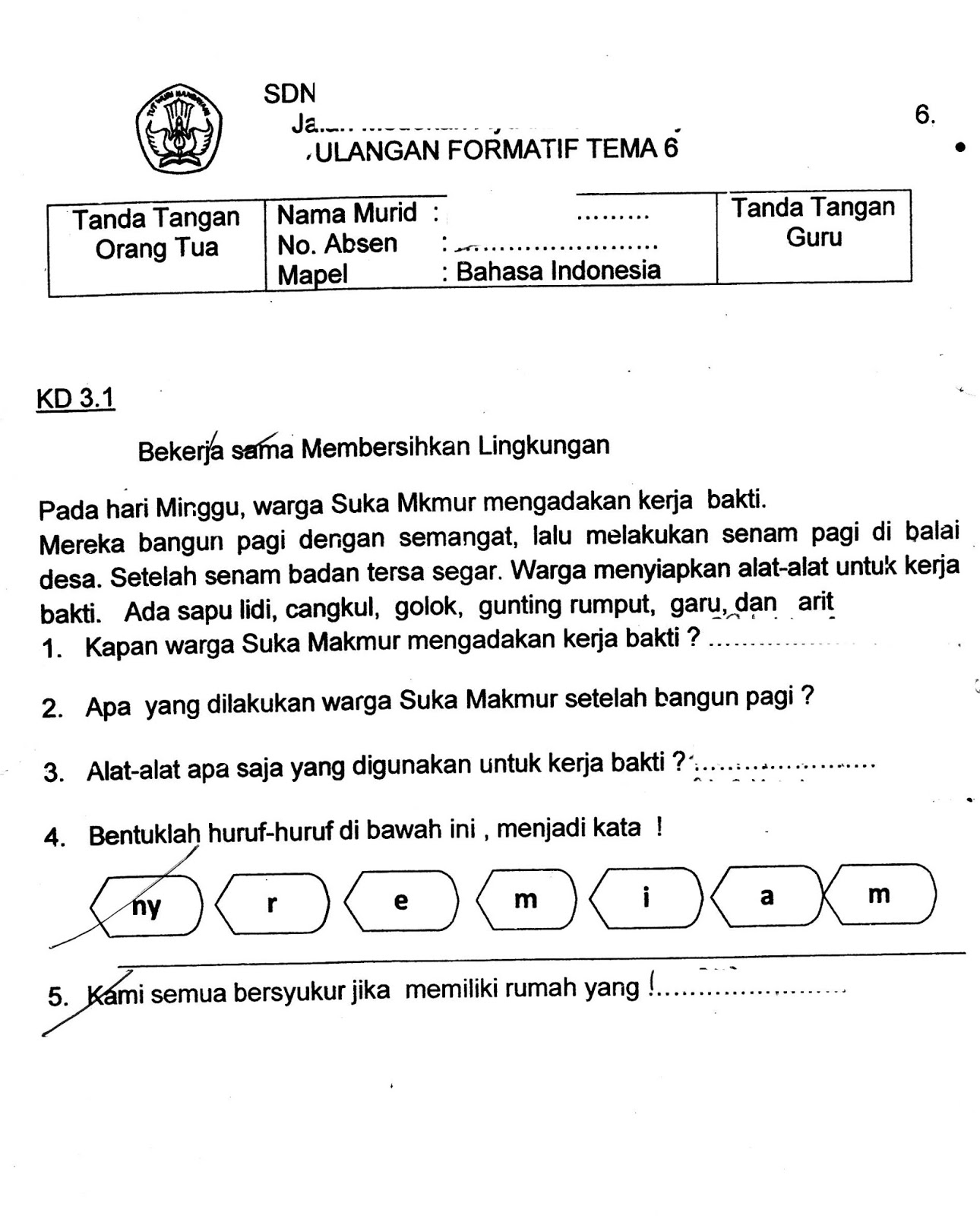 Formatif Tema 6 Bahasa Indonesia SD Kelas 1 TA 2015 2016 Kurikulum2013