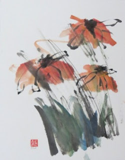 Theme of blog is courage, illustration shows Sumi-e flowers