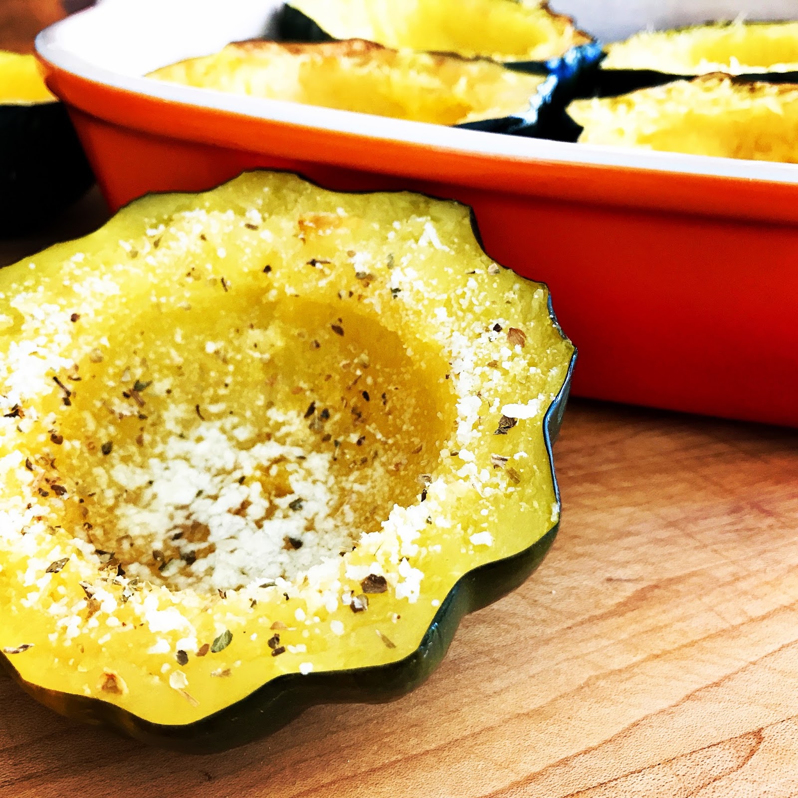 Roasted Acorn Squash with Garlic Butter, Oregano and Parmesan