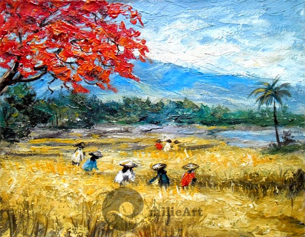 lukisan pemandangan panen padi