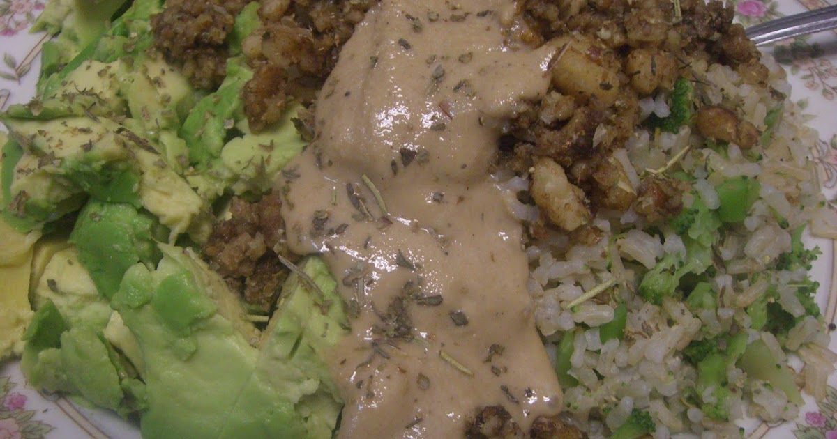 AfroVeganChick Vegan Raw Walnut Meat Atop Brown Rice, Broccoli, & Avocado