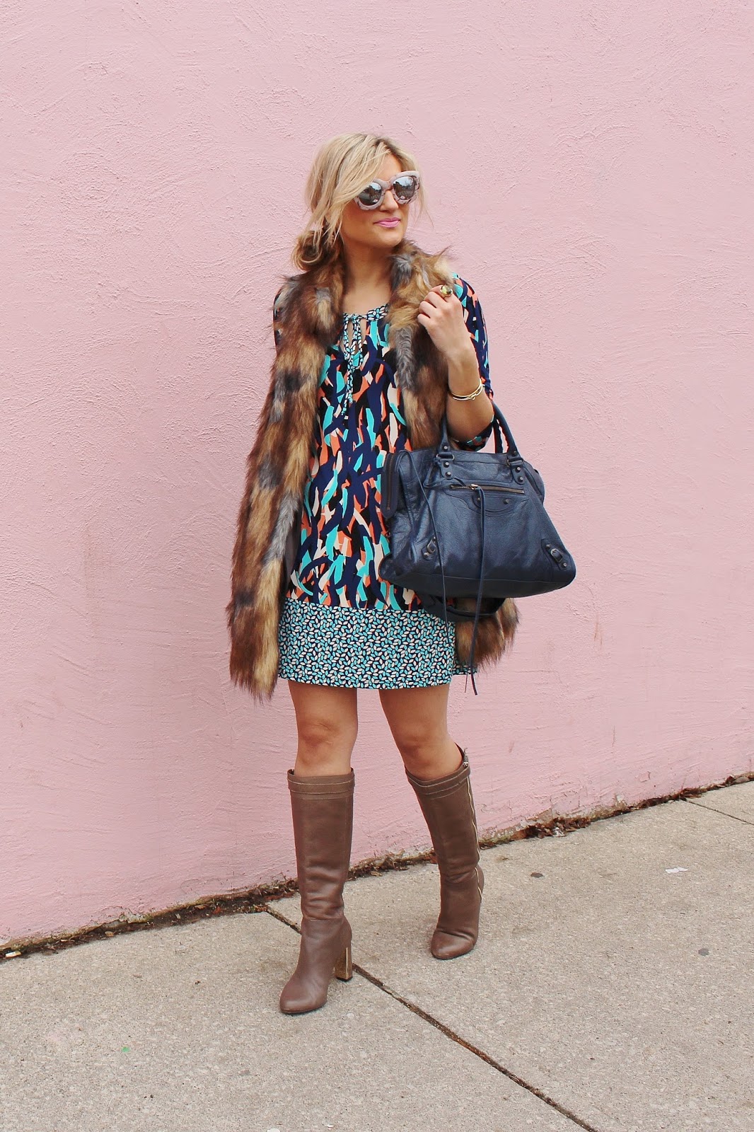 Bijuleni - How to Style a Summer Dress in Winter- Leota dress, Ann Taylor boots, fur vest and Balenciaga Bag
