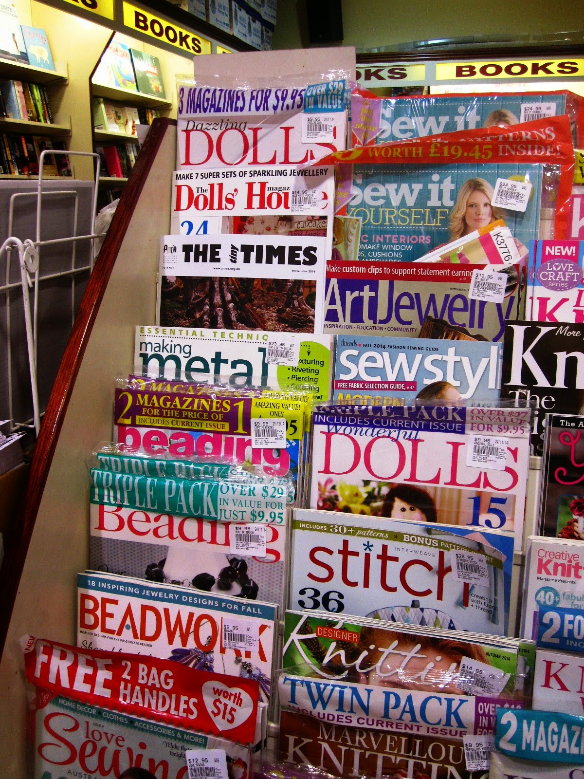 Display of craft magazines at a newsagents.