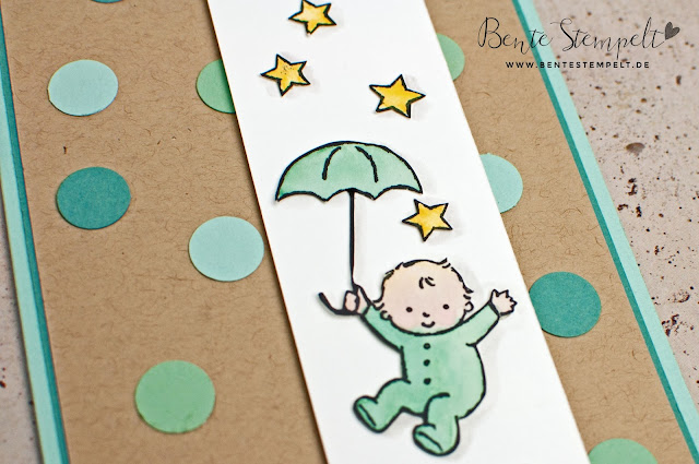 Stampin' Up! Moon Baby Babykarte Card Aquarellstifte Watercolor Pencilssterne Stars Umbrella Regenschirm Geburt Taufe erster Geburtstag