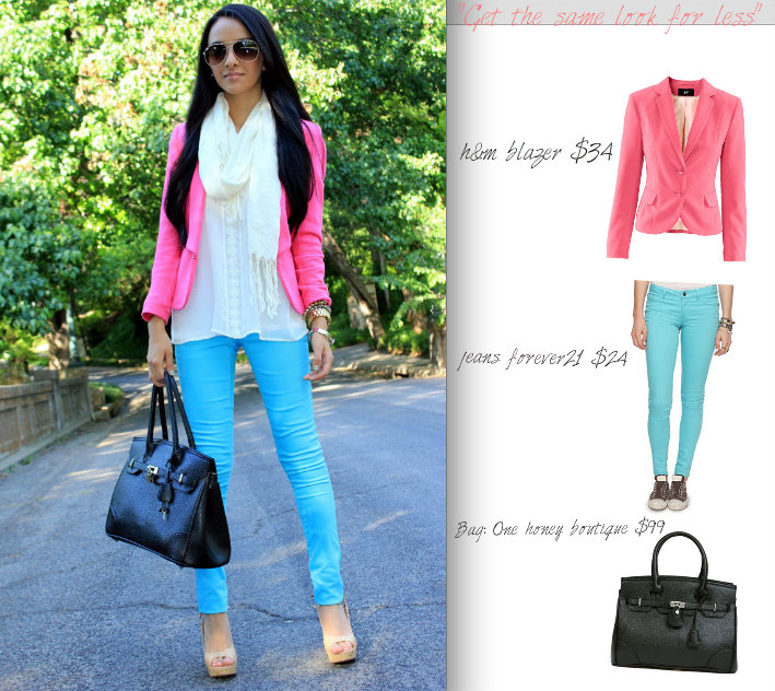 Get the same look for less: Jessica Alba pink blazer and turquoise jeans