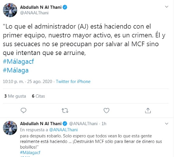 Al-Thani al Administrador del Málaga: "Destruirán el club sólo para llenar el dinero sus bolsillos"