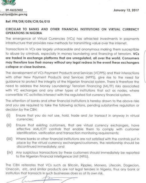Nigeria Central Bank bars banks from virtual currency transactions