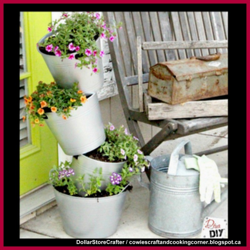 Dollar Store Crafter DIY Faux Galvanized Topsy Turvy Flower Pots Using