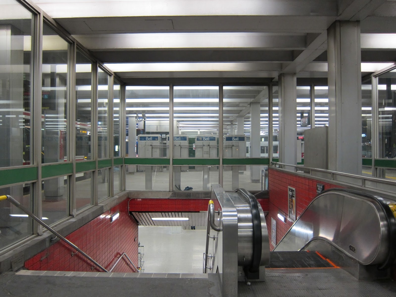 Stairwell to mezzanine, from streetcar platform, Dundas West station