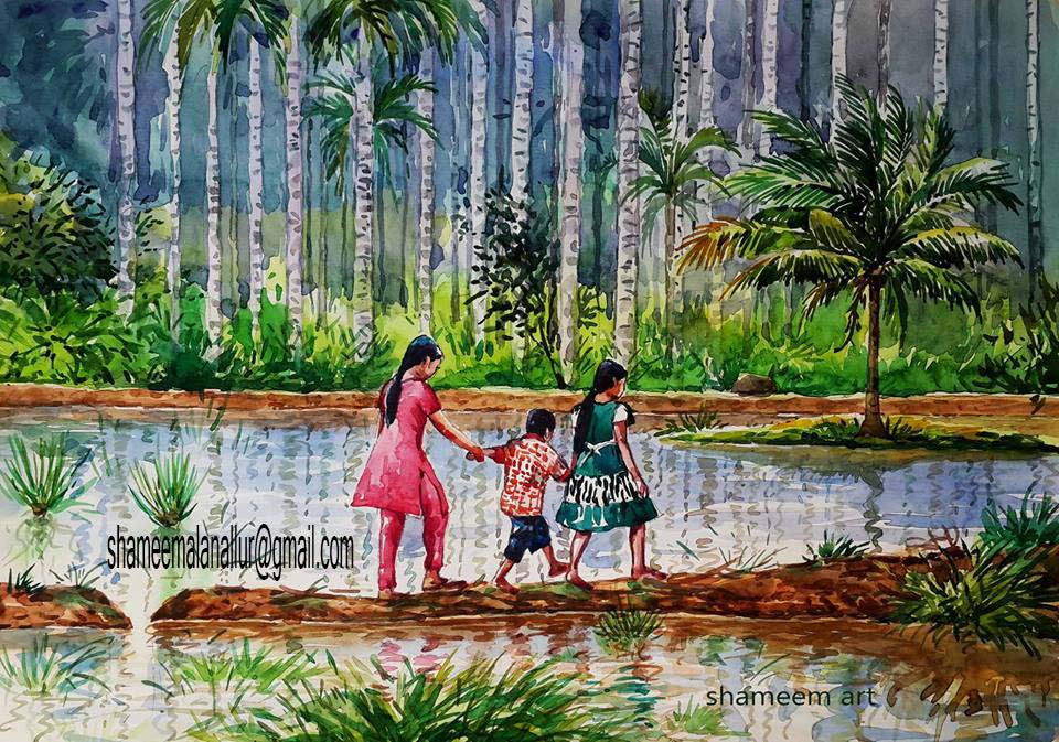 Creative Artist. Shameem kids on kerala paddy.watercolour on paper