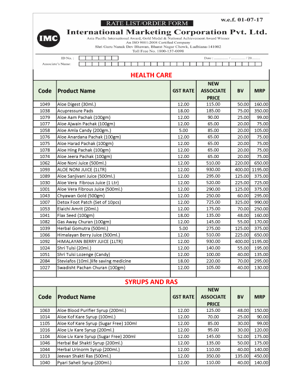 IMC PRODUCT LIST RATE AFTER GST