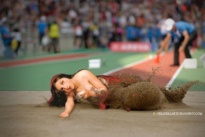 Rio 2016. Specialità salto in lungo: l'atterraggio con estasi. fotomontaggi dipinti classici-giochi olimpici-Rio 2016-salto in lungo