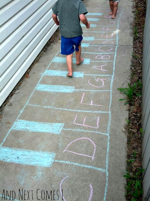 Chalk keyboard drawing with the musical alphabet written on it
