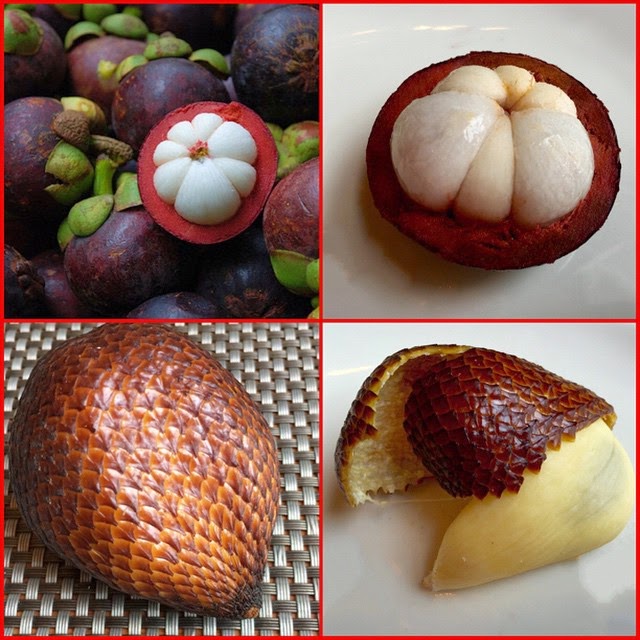 Mangosteen is a dark purple fruit with white on the inside of the fruit