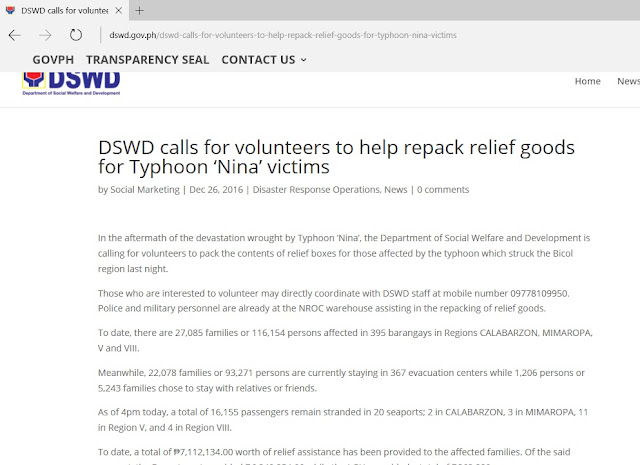 DSWD-NROC, DSWD Manila, DSWD Volunteers, typhoon nina 2016, typhoon nock-ten