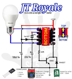 skema joule thief royale 1,5v to 220v ac led light inverter