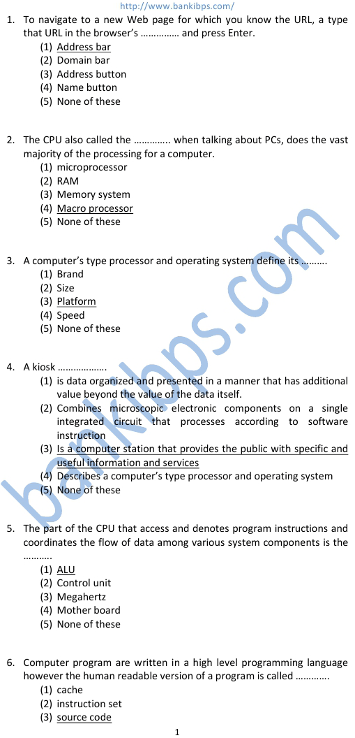 computer knowledge questions for ibps po exam