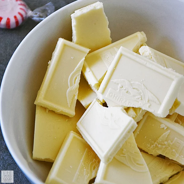 Break up 6 ounces quality white chocolate into microwave safe bowl