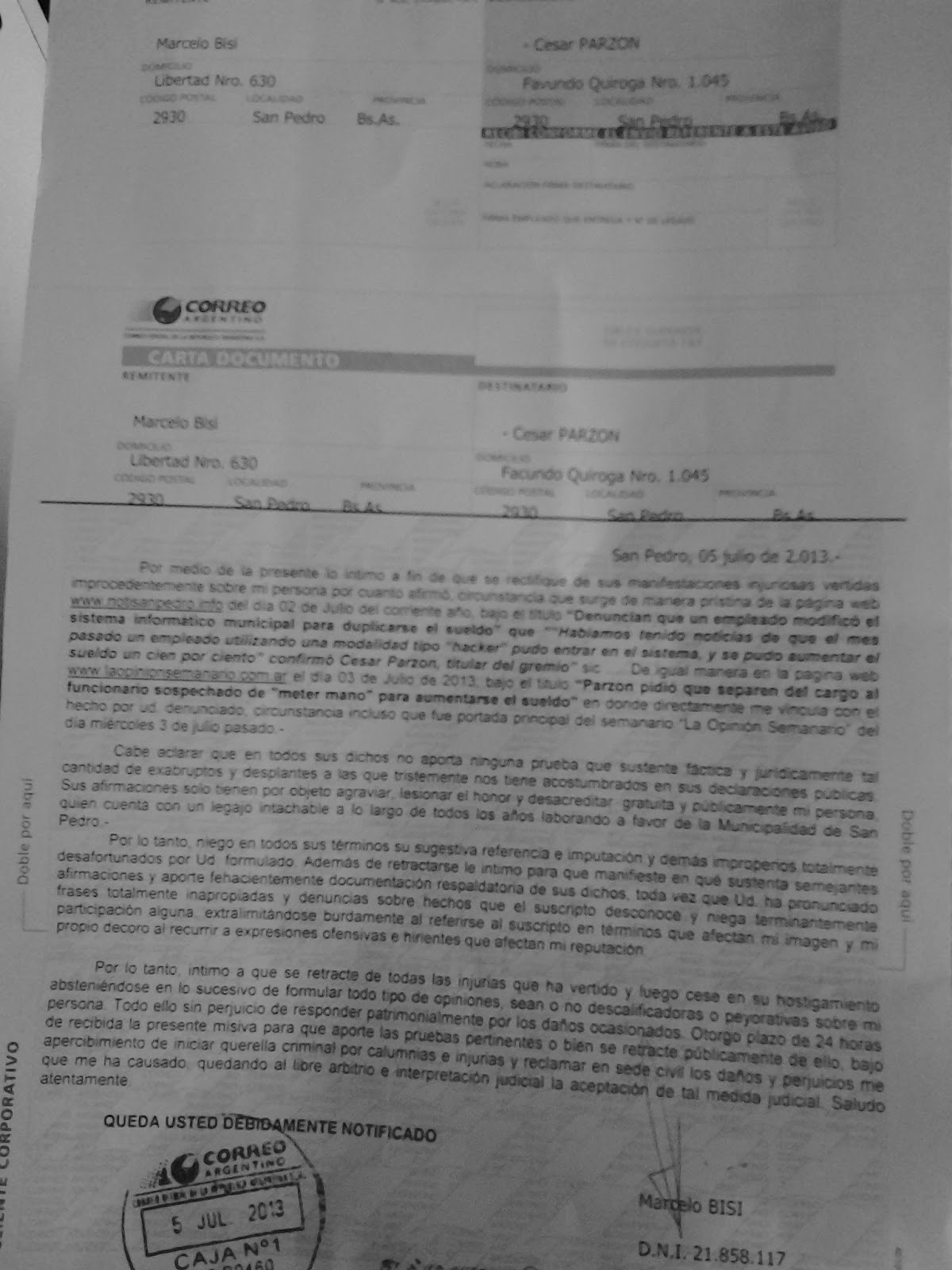 Carta documento a Parzon para que se retracte por acusar a un empleado de  duplicar su sueldo