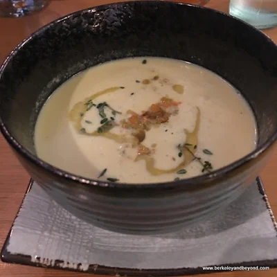 coconut milk-corn puree soup at Copper Spoon in Oakland, California