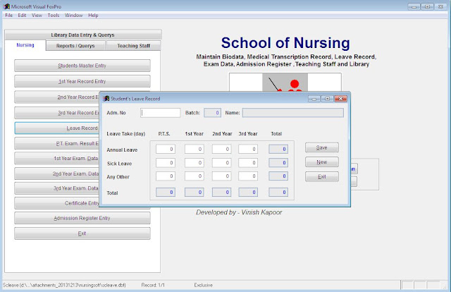 Nursing School software student's leave record entry