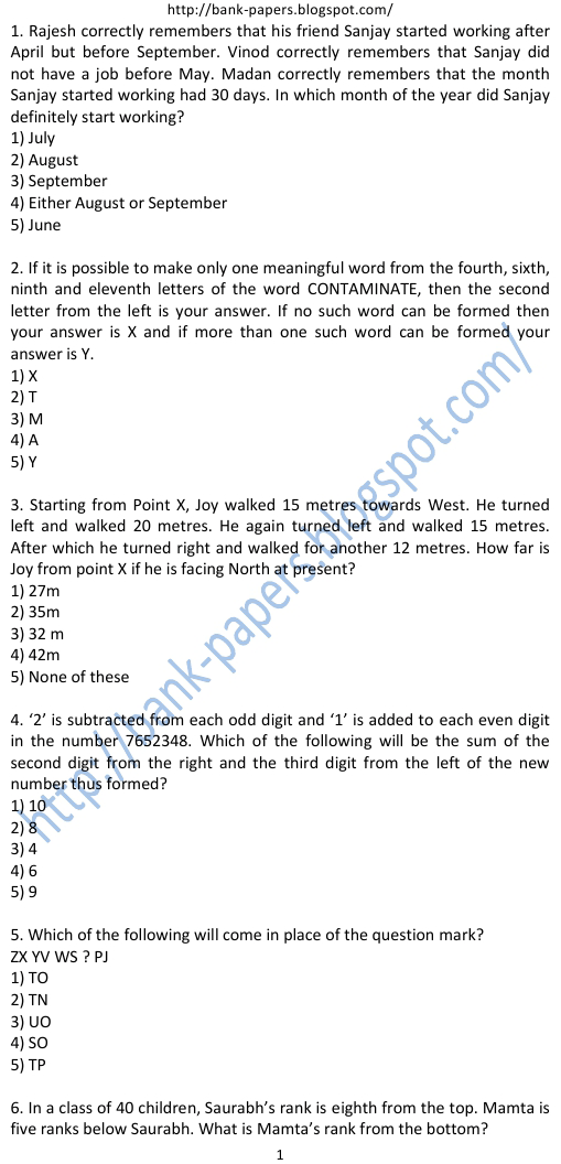 IBPS Reasoning Question Papers