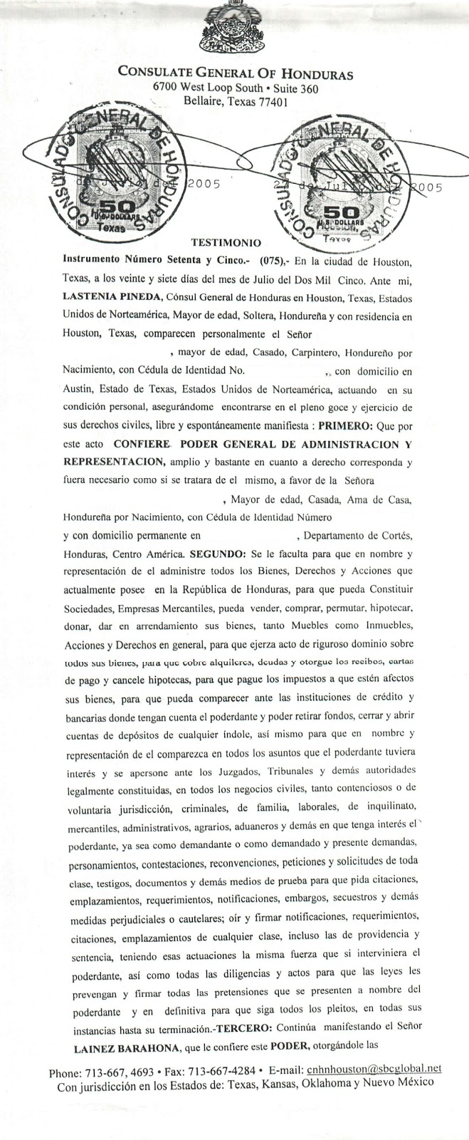 Modelos de Contratos Civiles (Honduras): Poder General de Administracion y  Representacion via Consulado