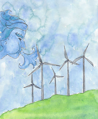 artist travel journal drawing of wind turbines being blown by north wind