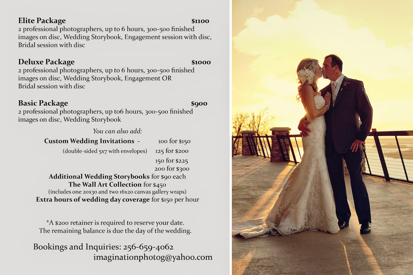 Imagination Photography New Wedding Packages and Pricing